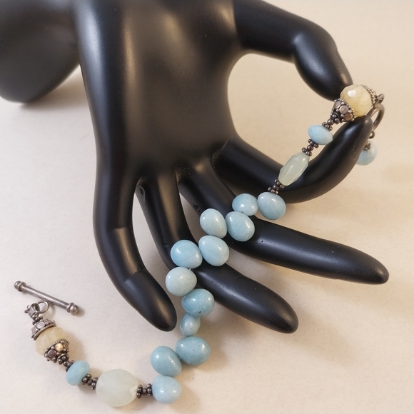 Vintage Sterling Silver Blue and Cream Gemstone Bracelet - Picture 5 of 16